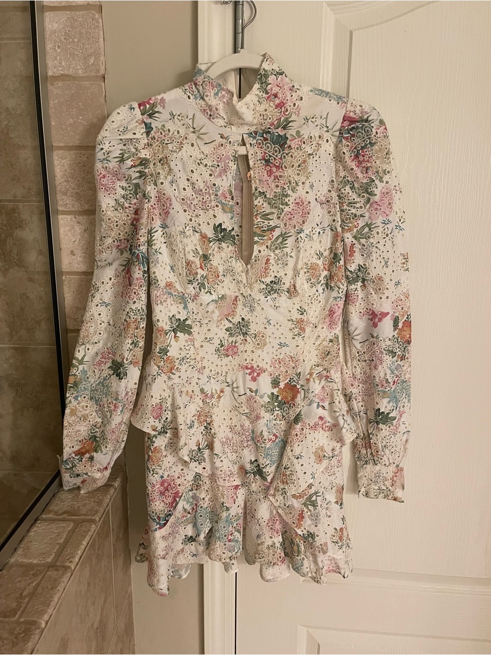 Nookie White Eyelet Mini Dress with Pastel Floral Print